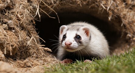 Fototapeta premium A curious ferret poking its head out of a burrow