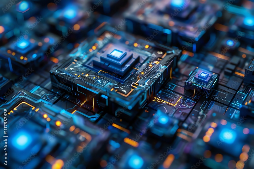 Poster abstract digital technology background with glowing circuits and processors.