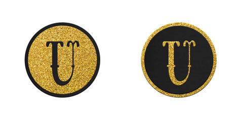 Golden Christmas Latin letter U. Bright round scrapbook tags set isolated © Julia