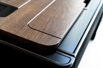 Mobile phone with wireless charger on table. Modern workplace accessory