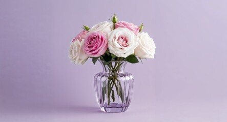 Fototapeta premium A delicate glass vase with a soft pink and white rose bouquet set on a plain soft lilac background