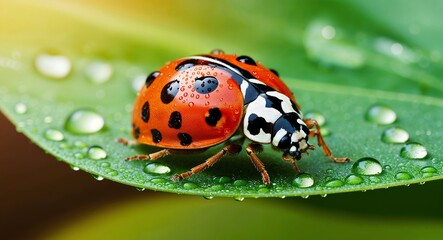 Fototapeta premium A delightful ladybug resting on a leaf with dew drops