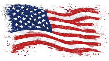 American flag waves grunge textured background.
