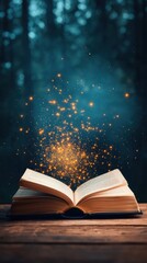 Magical Open Book with Sparkles and Forest Background Atmosphere