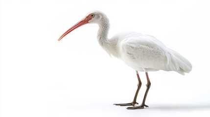 Fototapeta premium Elegant white ibis standing gracefully on a seamless white backdrop, showcasing its long red bill and delicate feathers.