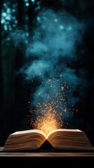Enchanted Book Opening with Magical Glow and Sparkles in Forest