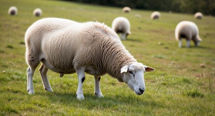 Obraz premium A fluffy sheep grazing in a meadow with soft woolly texture
