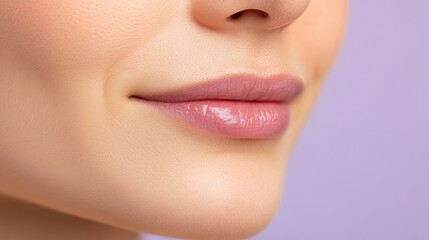The close-up features permanent makeup on beautifully defined lips, showcasing a natural hue against a soft lilac backdrop