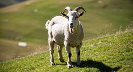 A friendly goat with curled horns standing on a grassy hill