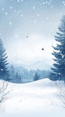 Fototapeta premium Winter Wonderland: A serene winter landscape with snow falling gently over a forest of snow-covered trees, with mountains in the distance and a few birds flying through the snowy sky.