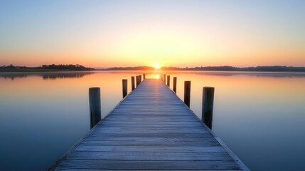Obraz premium A serene sunrise over a calm lake, viewed from a wooden dock extending into the water.