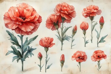 Obraz premium A watercolor illustration of red carnations in various stages of bloom.