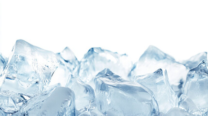 Fototapeta premium Close-up of translucent ice cubes against a white background, showcasing their smooth and jagged edges with a cool, refreshing atmosphere.