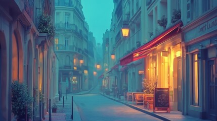 Obraz premium A serene, foggy Parisian street at dusk with warm lights and cozy cafes.
