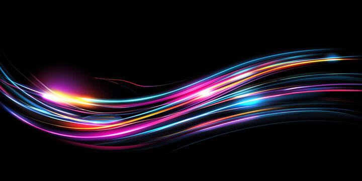 Abstrakte, dynamische Lichtwellen in leuchtenden Regenbogenfarben schwingen elegant auf schwarzem Hintergrund, modernes Vektordesign