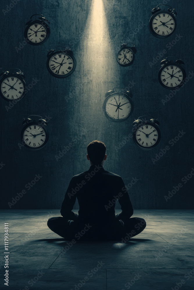 Poster overthinking. a solitary figure meditates in a dark space illuminated by a beam of light, surrounded