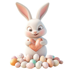 A 3D bunny character arranging eggs in a heart shape.
