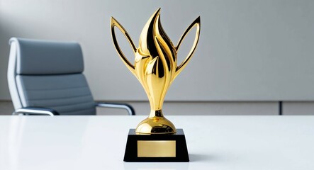 A golden trophy with a stylized flame design awarded for outstanding achievement in leadership at a corporate event on a plain corporate office background