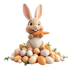 A 3D bunny character sitting on a pile of eggs while eating a carrot.
