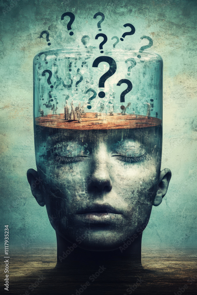 Poster overthinking. a surreal depiction of a person with a transparent head filled with question marks, sy