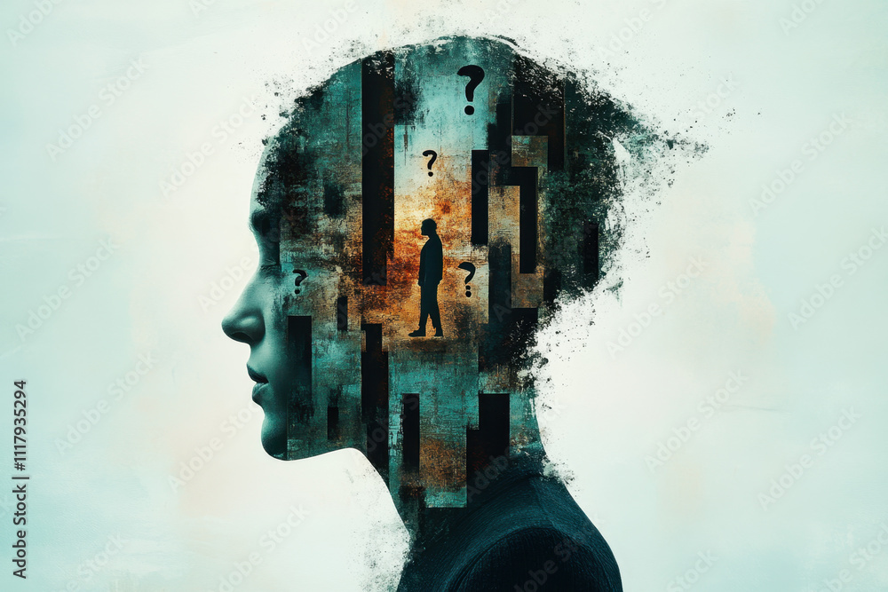 Poster overthinking. a surreal representation of a human head with abstract elements, symbolizing thoughts,