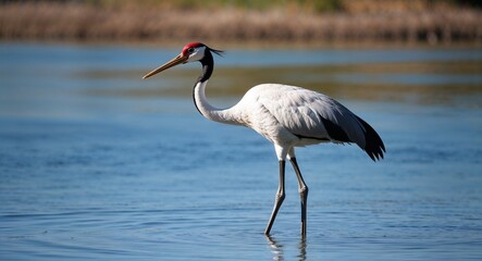 Naklejka premium A graceful crane standing in shallow water with long legs and beak