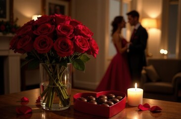 Bouquet of red roses and heart-shaped box of chocolates, romantic setting, man and woman dancing