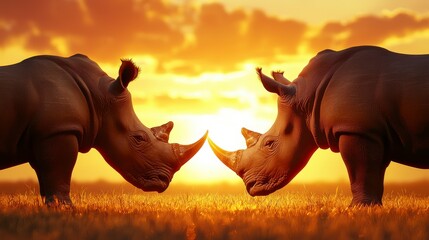 Fototapeta premium Majestic Rhinoceroses Engaging in a Natural Display at Sunset Amidst a Golden Sky and Vibrant Grassland Capturing the Beauty of Wildlife Conservation