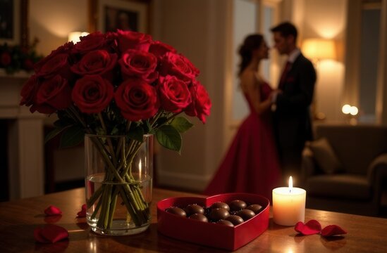Bouquet of red roses and heart-shaped box of chocolates, romantic setting, man and woman dancing