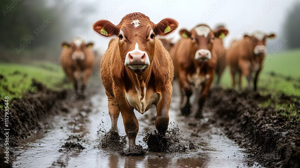 Poster a group of brown cows walks through a muddy path on a cloudy day, splashing water and mud as they mo