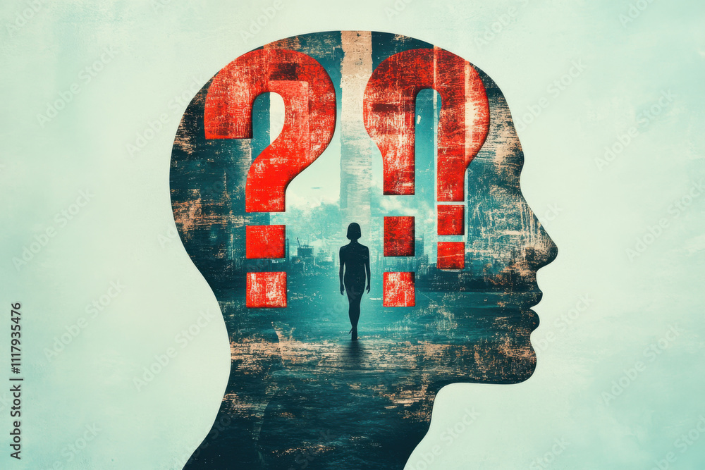 Poster overthinking. a silhouette of a head features perplexing symbols, suggesting contemplation and intro