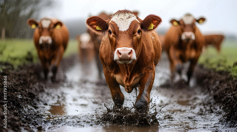 Poster a group of brown cows walks through a muddy path on a cloudy day, splashing water and mud as they mo