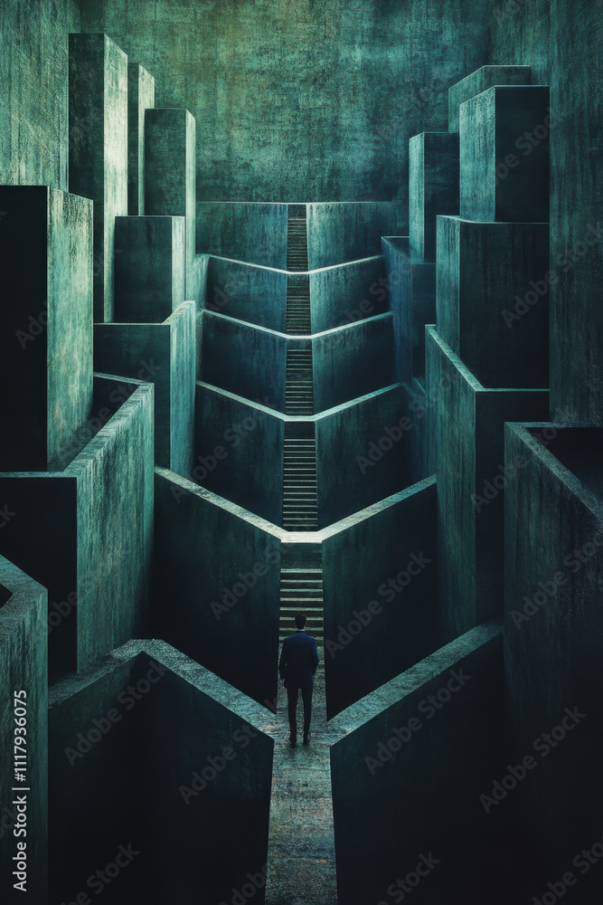 Poster overthinking. a solitary figure stands in a stark, abstract landscape of towering concrete structure