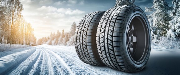 Winter Tires on Snowy Road. AI generated illustration