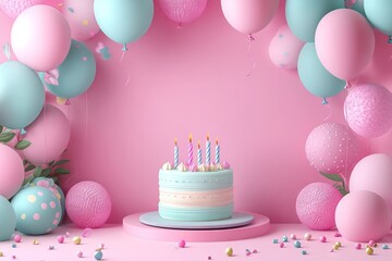 3D Cartoon Birthday Background with Cake and Balloons. AI generated illustration