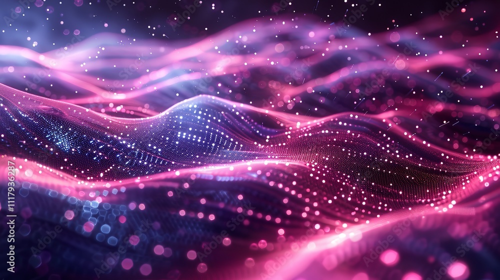 Poster abstract wave with moving dots and lines. flow of particles, technology background.