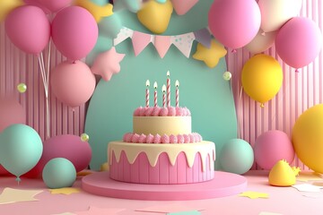 3D Cartoon Birthday Background with Cake and Balloons. AI generated illustration