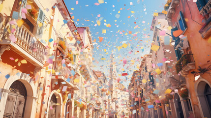 Fototapeta premium watercolor painting of a german city carnival street scene,in the street with confetti and bright colors art design