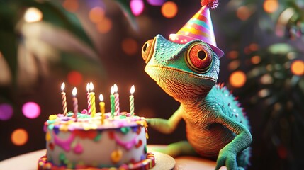 3D Chameleon with Birthday Hat and Cake in Vibrant Setting. AI generated illustration