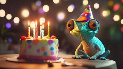 3D Chameleon with Birthday Hat and Cake in Vibrant Setting. AI generated illustration