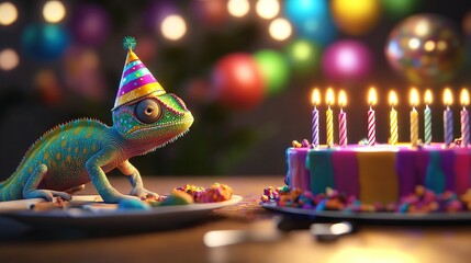 3D Chameleon with Birthday Hat and Cake in Vibrant Setting. AI generated illustration
