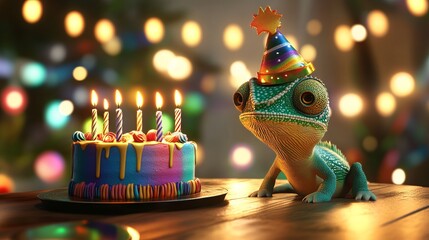3D Chameleon with Birthday Hat and Cake in Vibrant Setting. AI generated illustration