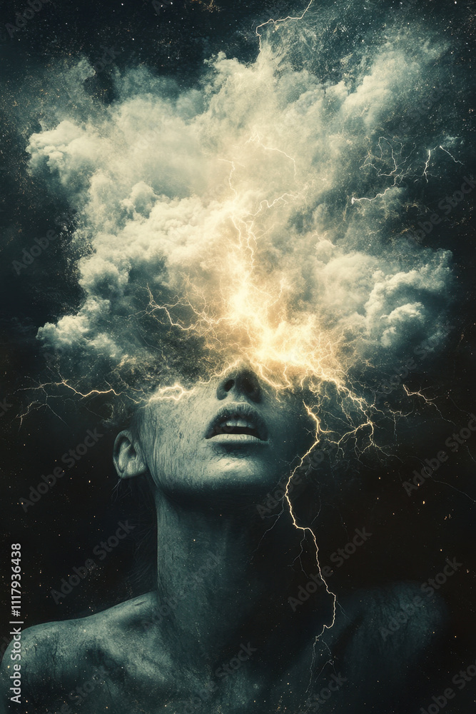 Poster overthinking. a surreal image depicting a person with clouds and lightning emerging from their head,