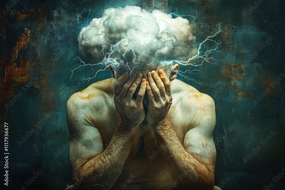 Poster overthinking. a surreal image of a person with a cloud and lightning over their head, expressing int