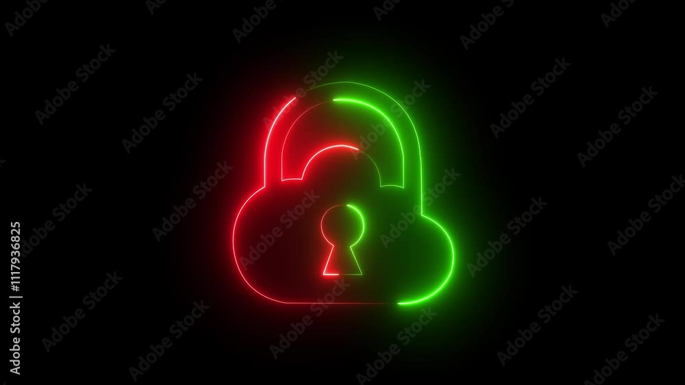 Poster glowing neon lock animation icon security privacy password protection safety animated lock icon. cyb