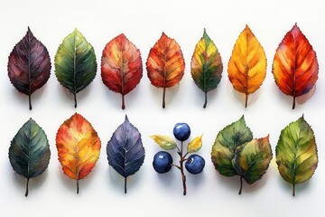 Obraz premium A colorful arrangement of painted leaves and berries showcasing autumn hues and nature's beauty.