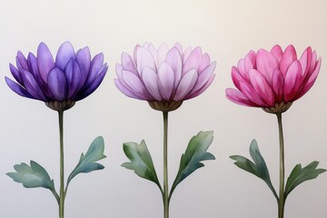 A beautiful illustration of three stylized flowers in varying shades of purple, pink, and white.