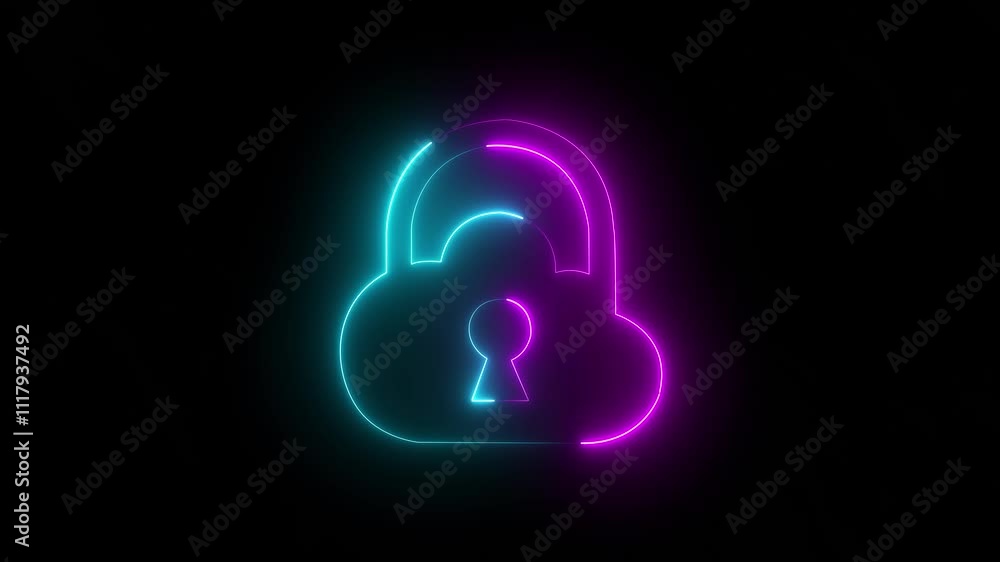 Poster glowing neon lock animation icon security privacy password protection safety animated lock icon. cyb
