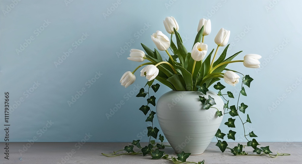 Canvas Prints A modern ceramic vase with an elegant mix of white tulips and green ivy displayed against a plain icy blue background