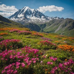 Fototapeta premium A solitary mountain surrounded by vibrant flowers in spring.